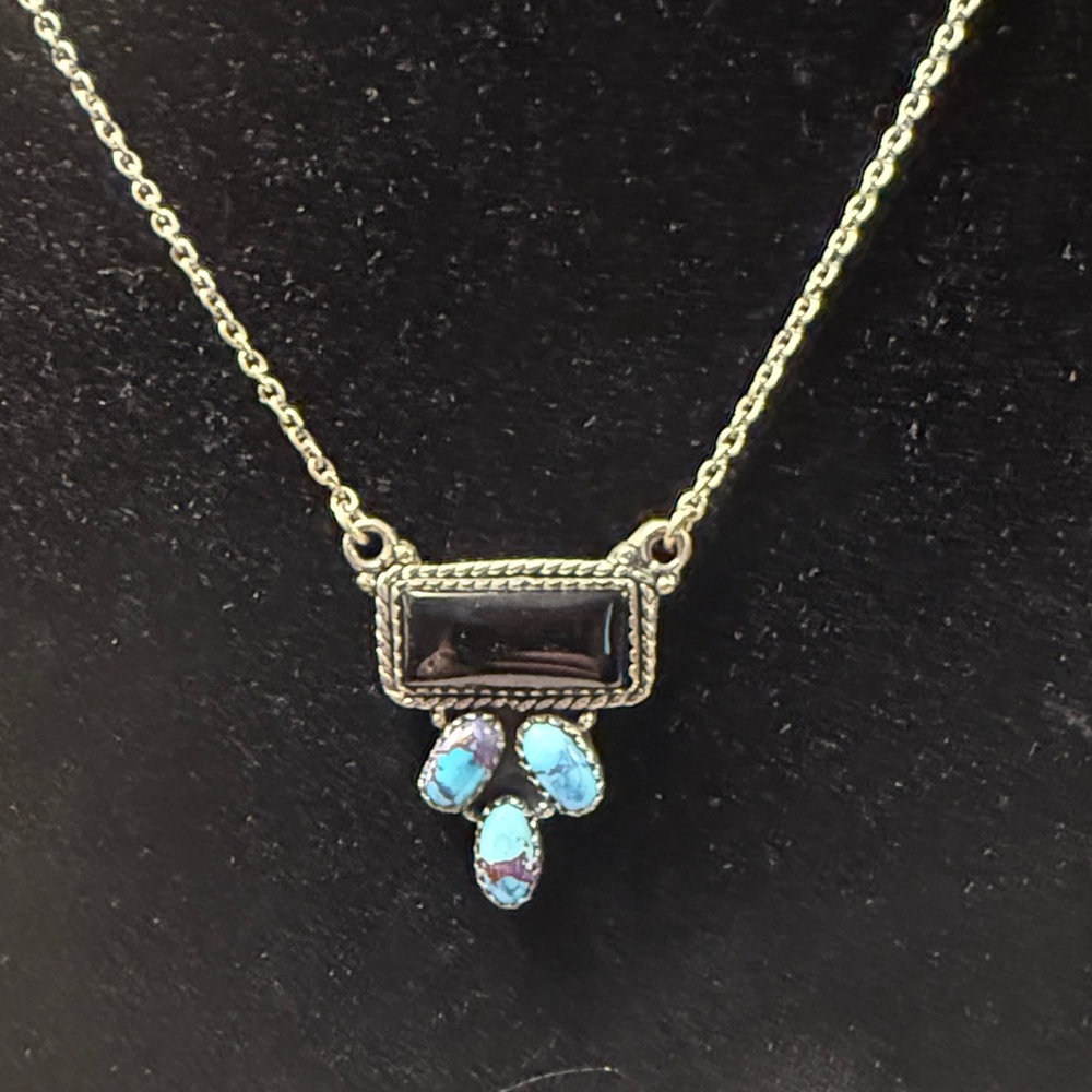 925 Sterling Silver Onyx Bar and Turquoise Cluster Pendant Necklace 16-18”
